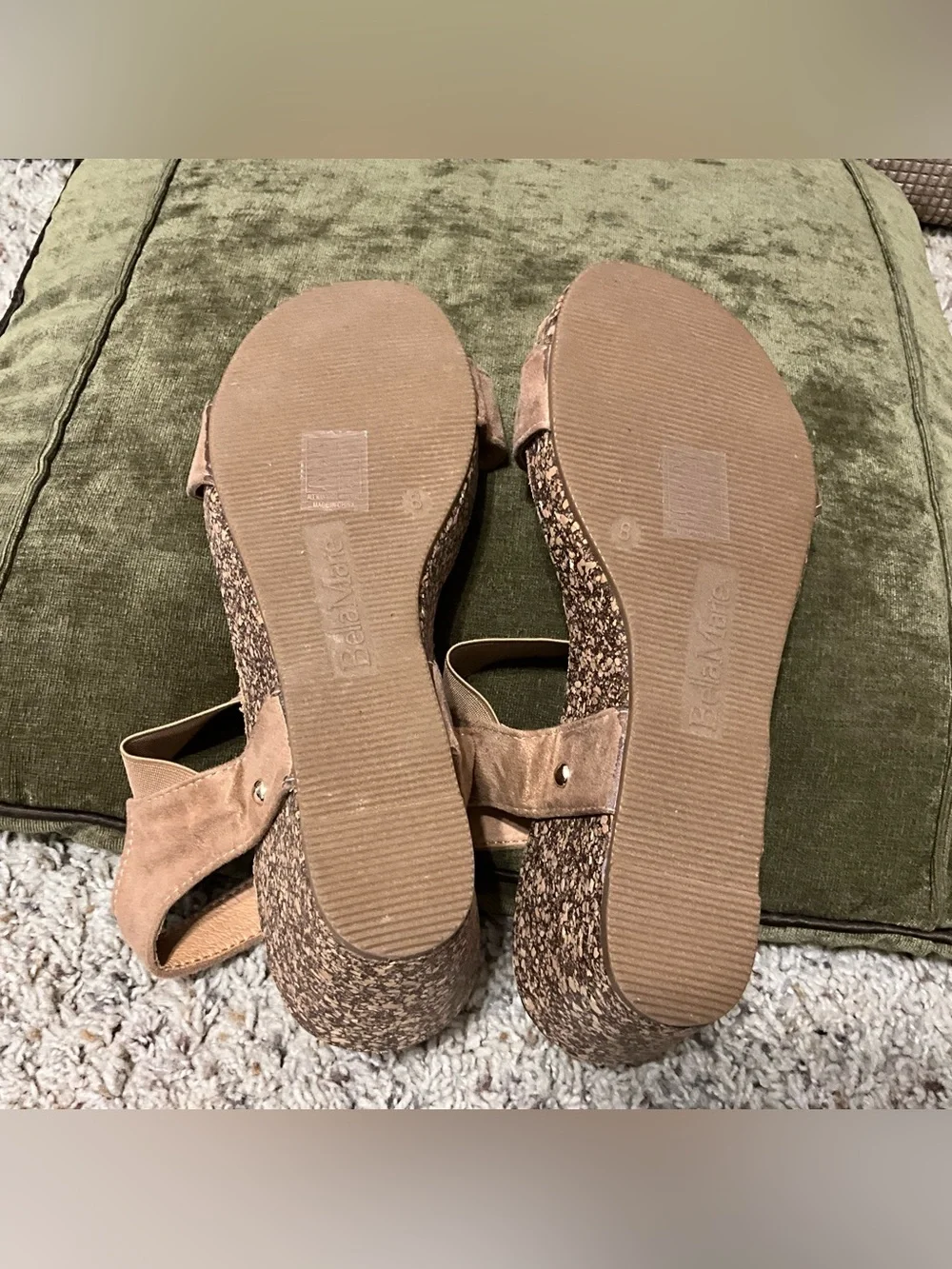 Neutral Taupe Suede Cork Wedge Sandals with Elastic Back